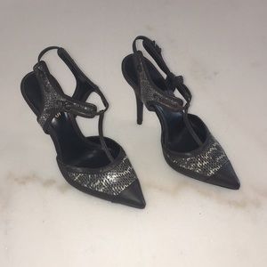 Reiss Brown Leather Heels with Snake Print Trim